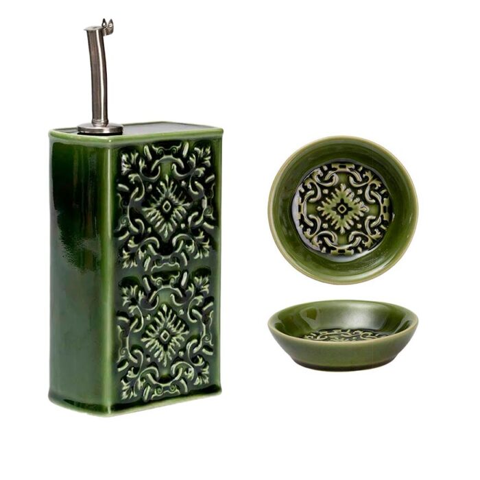 AZULEJO Olive Oil Bottle + 2 Tile Plates – Green Ceramic Olive Oil Set